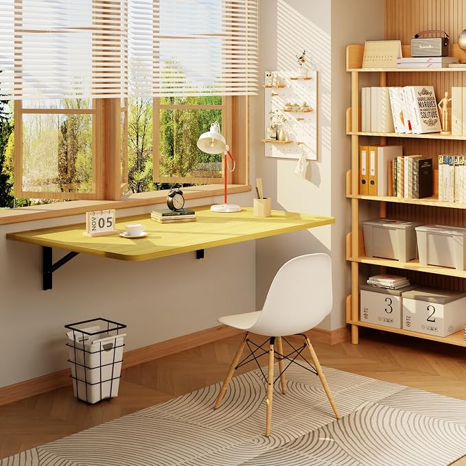 IAE 36x22in Floating Fold Desk,Wall-Mounted Folding Computer Table,Natural | Study Table with Shelf Brackets,Foldable Down Shelf with Engineered Wood,Fold Computer Desk for Small Apartment,Holds 504 lb