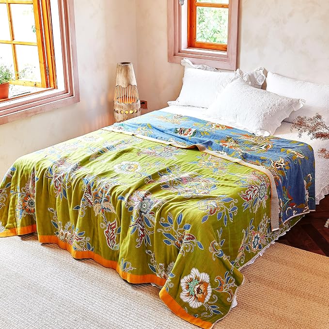 VANJOROY Boho Throw Blanket 80" x 90", 100% Organic Cotton Breathable Ultra Soft Bed Quilt Throw - All Season Luxury Floral Farmhouse Decor Blanket for Sofa Couch Chair and Gift. Green/Blue