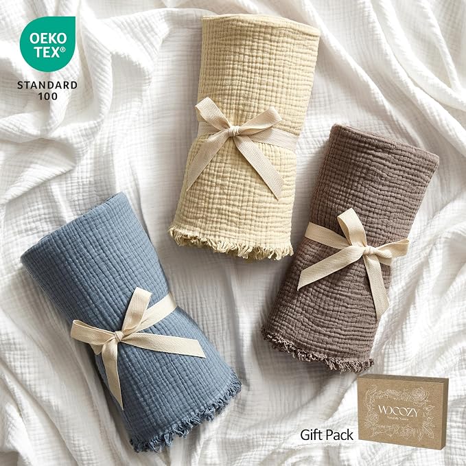 WDCOZY 100% Cotton Muslin Blanket King Size 4-Layer for Bed Breathable Lightweight Soft Large Boho Farmhouse Linen Tassels Ruffle Gauze Blankets All Season for Adults 108x90 Inches Dusty Blue