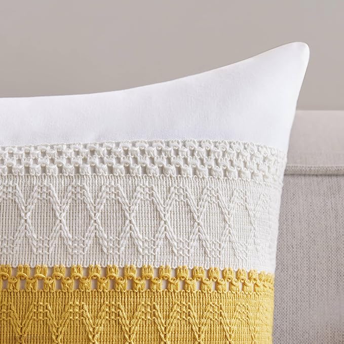 2pk Boho Pillow Covers 22x22, Natural White/Contrast/Mustard Yellow | 100% Organic Cotton Body, Stripe Embroidery, Farmhouse Decorative Cushion Covers for Sofa Bed Living Room Home Decor