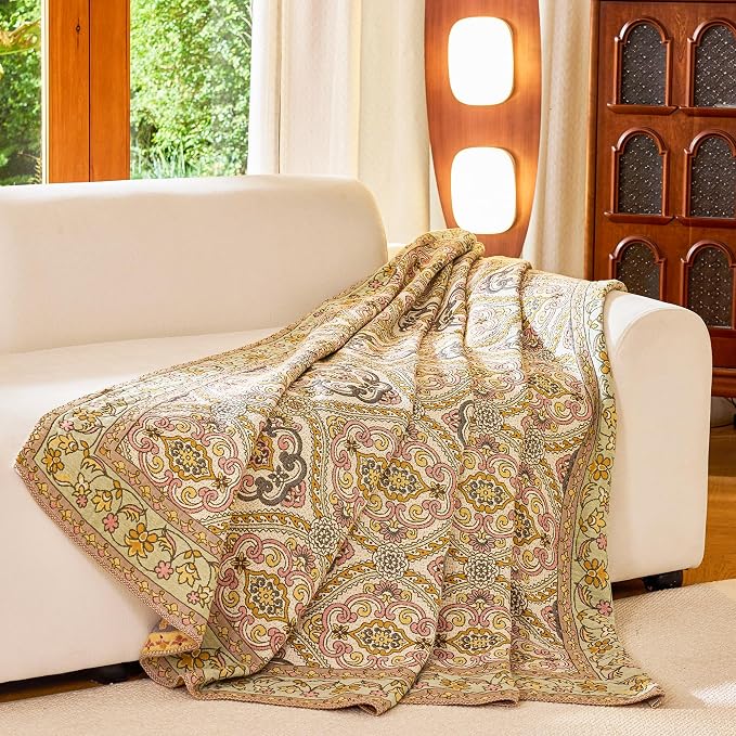 VANJOROY Boho Throw Blanket, 100% Organic Cotton Breathable Ultra Soft 91" x 108" King Bed Quilt Throw - All Season Floral Rustic Farmhouse Decor Luxury Blanket for Sofa Couch Chair and Gift