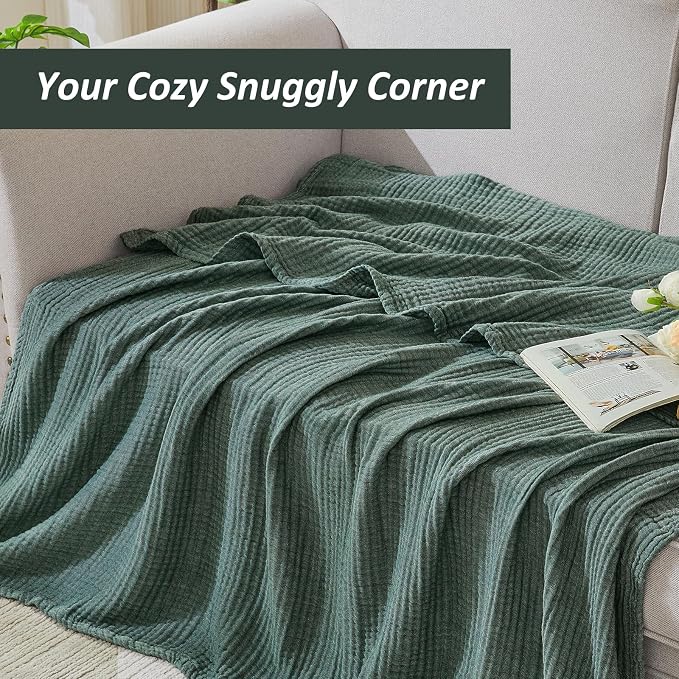 EMME Cotton Muslin Twin XL Blanket Breathable Gauze Soft Lightweight Blankets Adults Gifts for Women (Heather Forest Green, 66"x90")