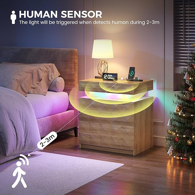 LED Nightstand Set of 2 with Charging Station,3 Drawers Night Stand with Lockable Hidden Storage,Smart Bedside Table with Human Sensor RGB Lights for Bedroom,Wood
