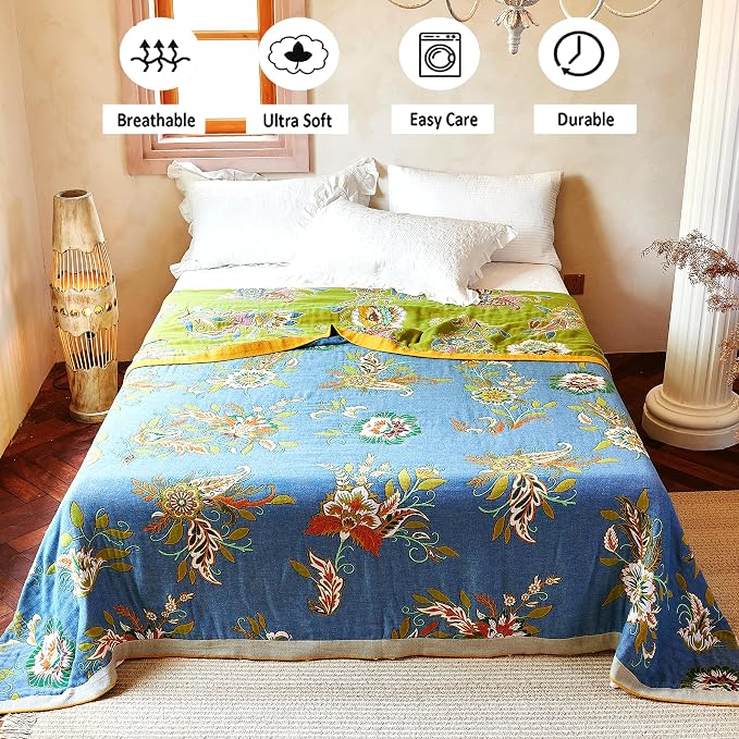 VANJOROY Boho Throw Blanket 80" x 90", 100% Organic Cotton Breathable Ultra Soft Bed Quilt Throw - All Season Luxury Floral Farmhouse Decor Blanket for Sofa Couch Chair and Gift. Green/Blue