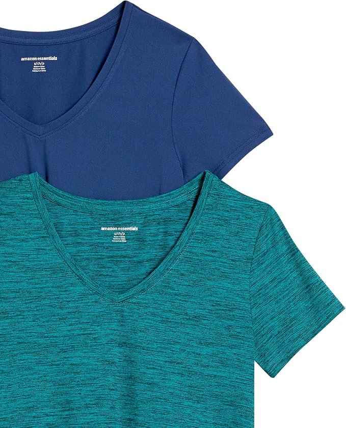 Amazon Essentials Women's Active Quick Dry Tech Stretch Short-Sleeve V-Neck T-Shirt (Available in Plus Size), Pack of 2
