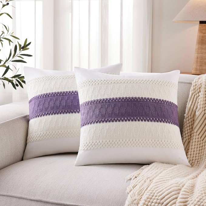 2pk Boho Pillow Covers 20x20, Natural White/Contrast/Purple | 100% Organic Cotton Body, Stripe Embroidery, Farmhouse Decorative Cushion Covers for Sofa Bed Living Room Home Decor