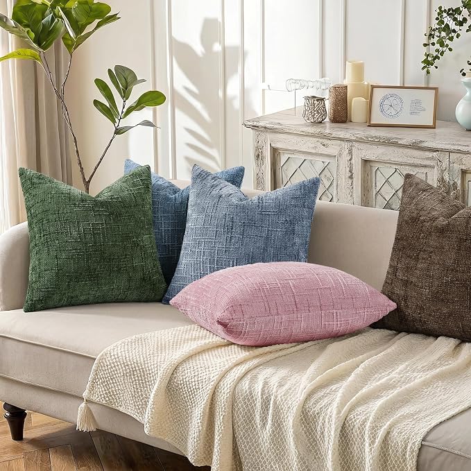decorUhome Textured Chenille Throw Pillow Covers 20x20 Set of 2 Blush Pink | Fall Modern Farmhouse Soft Cozy Slubby Couch Pillow Cases Boho Decorative Pillow Cases for Bed Sofa Living Room Home Decor