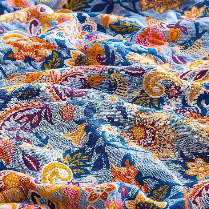 XIBLC Boho Throw Blanket for Bed, 100% Cotton Soft Rustic Quilt Fall Blanket, 90"x98" Floral Printed Farmhouse Decor Bed Blankets, All Season Rustic Reversible Bohemian Throw Quilt