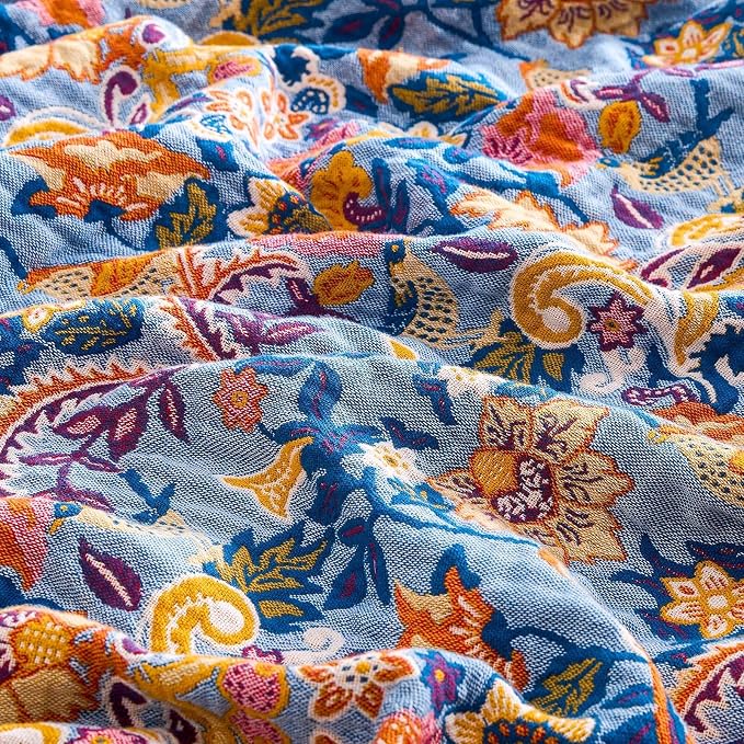 XIBLC Boho Throw Blanket for Bed, 100% Cotton Soft Rustic Quilt Fall Blanket, 60"x80" Floral Printed Farmhouse Decor Bed Blankets, All Season Rustic Reversible Bohemian Throw Quilt