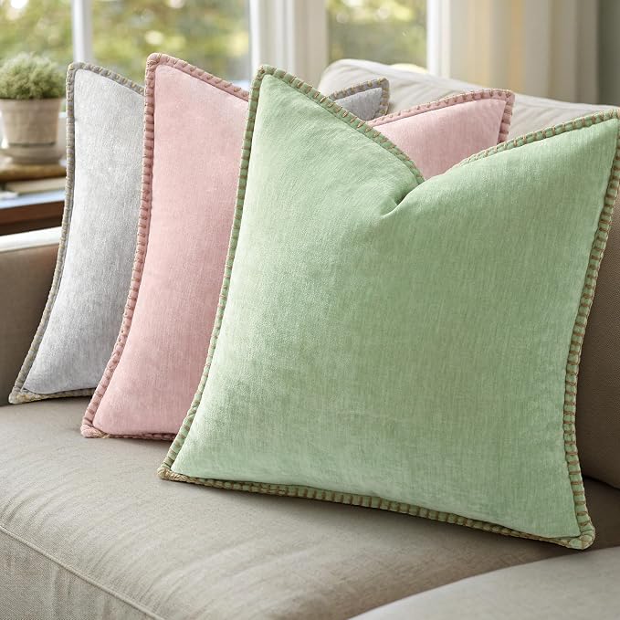 decorUhome Soft Chenille Throw Pillow Covers 12x20 Set of 2 Sage Green | Fall Textured Decorative Throw Pillow Cases Stitched Edge Modern Farmhouse Luxury Boho Velvet for Couch Sofa Bed Home Decor