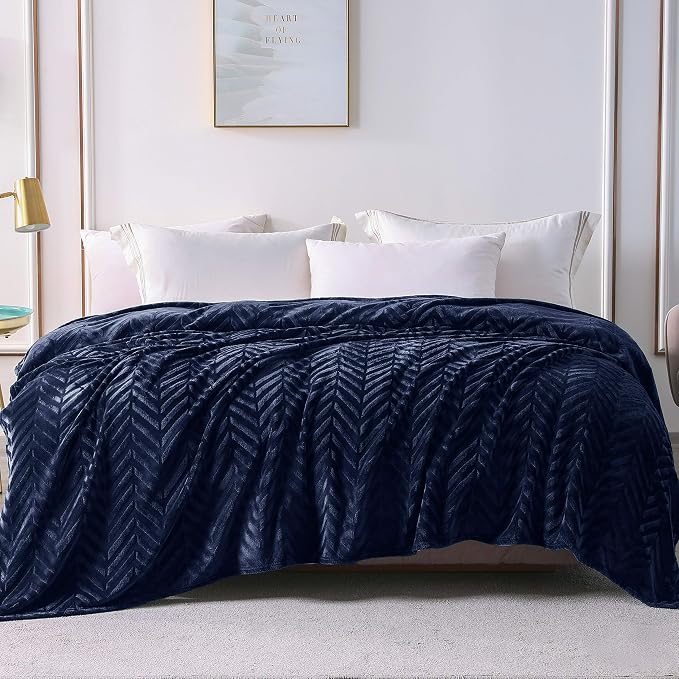 Whale Flotilla Flannel Fleece Fall Bed Blanket Twin XL Size, Navy Blue | Lightweight Breathable Soft Bedspread, Plush Fluffy Coverlet Chevron Design Decorative Blanket for Home Life, 90x66 Inch