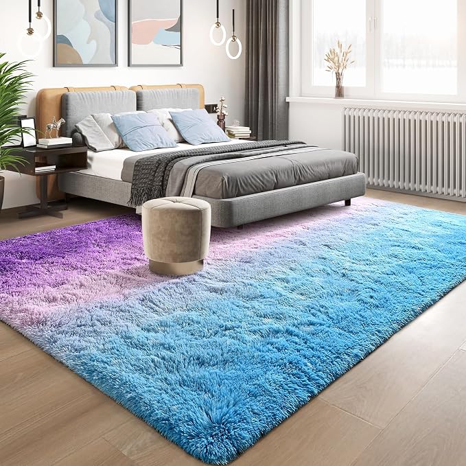 Tepook Soft Fluffy Rugs for Bedroom, 4x6 Area Rug for Living Room, Modern Shaggy Room Rug for Kids Boys Girls, Plush Throw Rugs Indoor Nursery Home Decor Rug with Non-Slip Bottom, Purple and Blue
