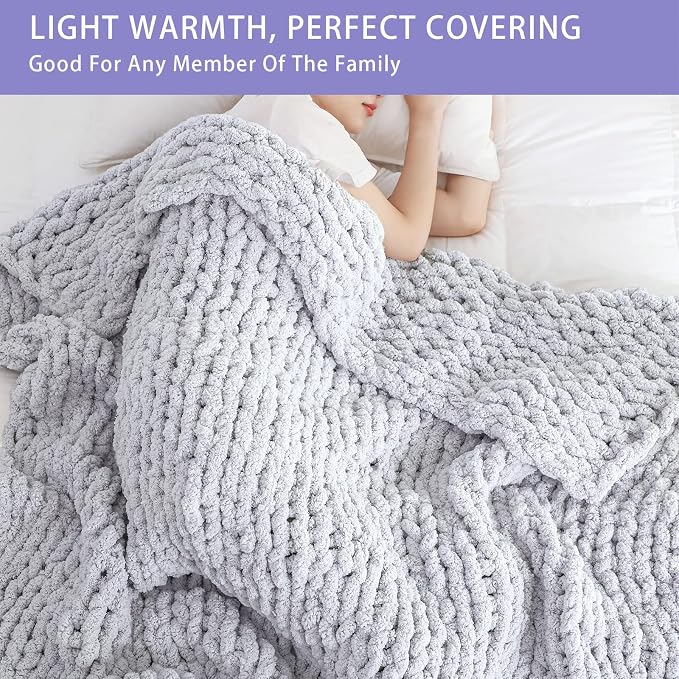 Bigacogo Chunky Knit Throw Blanket for Couch, 60x80 inches, Light Grey | Hand Knit with Jumbo Chenille, Soft Breathable Cable Knit for Sofa Bed Living Room, Machine Washable, Gift for Mom Friend