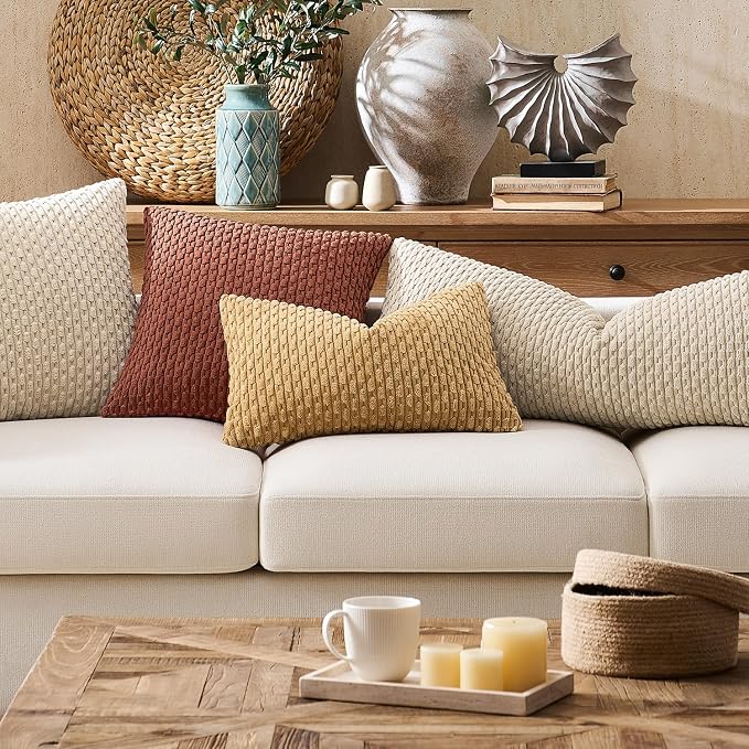 Kevin Textile Soft Corduroy 14"x24" Lumbar Pillow Cover 1 Pack, Beige | Boho Stripe Plush Corduroy Decorative Oblong Cushion Cover Modern Farmhouse Home Decor for Sofa Couch Bed Chair