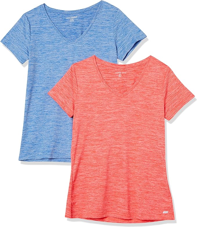 Amazon Essentials Women's Active Quick Dry Tech Stretch Short-Sleeve V-Neck T-Shirt (Available in Plus Size), Pack of 2