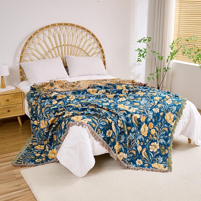 VANJOROY Boho Throw Blanket King, 100% Organic Cotton Breathable Ultra Soft 91" x 98" Bed Quilt Throw - All Season Floral Rustic Farmhouse Decor Reversible Blanket for Sofa Couch Chair and Gift