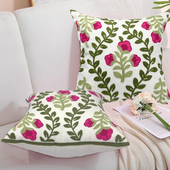 Alysheer Summer Decorative Throw Pillow Covers 18"x 18" Set of 2, Floral Embroidered Farmhouse Hot Pink Flowers Green Vine Patterned Cotton Canvas Cushion Case for Sofa Couch Bed Living Room Decor