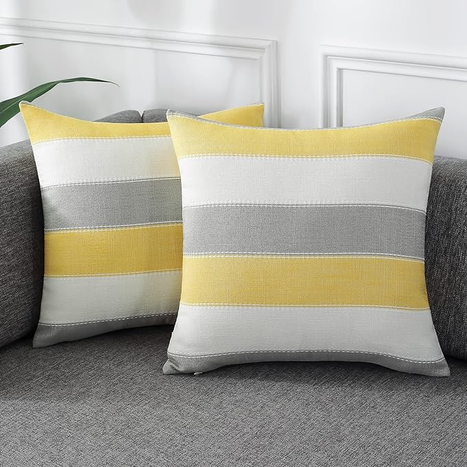 Pack of 2 Farmhouse Stripe Check Throw Pillow Covers Set Case Cotton Linen Decorative Pillowcases Cushion Cover for Couch Bench Sofa 22x22Inch Yellow Beige