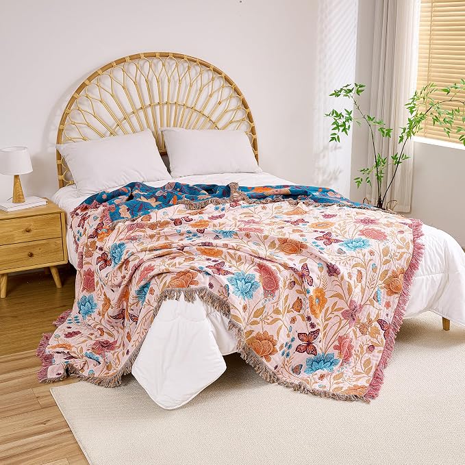 VANJOROY Boho Throw Blanket, 100% Organic Cotton Breathable Ultra Soft 80" x 90" Bed Quilt Throw - All Season Floral Rustic Farmhouse Decor Luxury Reversible Blanket for Sofa Couch Chair and Gift