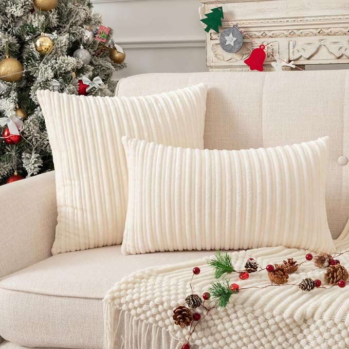 UGASA Soft Striped Throw Pillow Covers Solid Corduroy Decorative Square Set Cushion Cases Pillowcases for Couch Sofa Bedroom, 1 Pack, 24x24 Inch, Cream