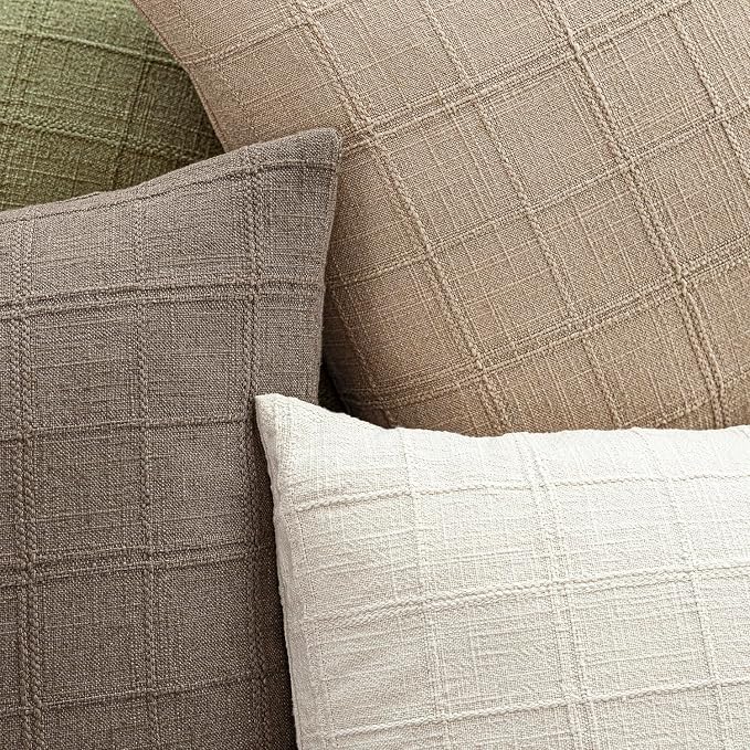 Foindtower Set of 2 Decorative Linen Check Throw Pillow Covers Neutral Farmhouse Vintage Cushion Covers Cozy Modern Coastal Boho Home Decor for Sofa Chair Couch Bedroom Living Room,14×36 Inch,Camel