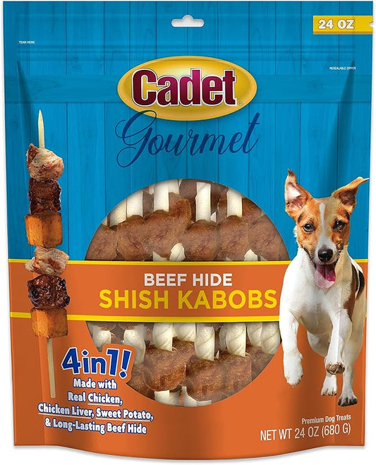 Cadet Gourmet Shish Kabob Dog Chews for Small Dogs, Rawhide Treats with Chicken, Duck and Sweet Potato, Healthy & Natural Beef Hide, 5-Inch Sticks, 24 oz