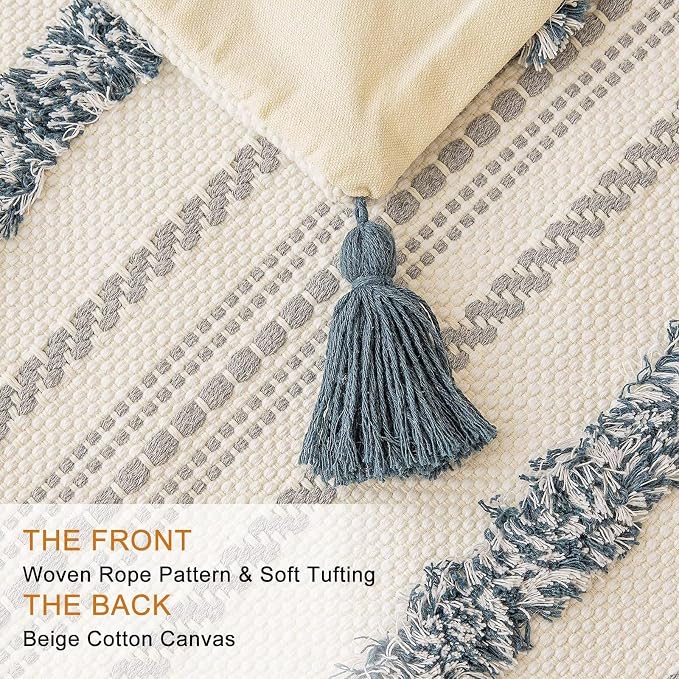 BUIOVBEY Boho Throw Pillow Covers Woven Tufted Pillow Cases with Tassels | Farmhouse Pillow Covers 18x18 Set of 2 Textured Striped Cushion Case Neutral Decorative Pillowcase for Sofa Couch Dark Blue