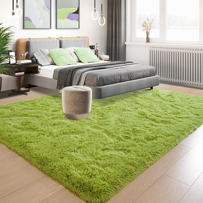 Tepook Fluffy Grass Green Rugs for Living Room Bedroom, 8x10 Soft Area Rug Moss Green Kids Girls Boys Rug, Indoor Plush Shaggy Non-Slip Carpet for Nursery Classroom Dorm Home Decor