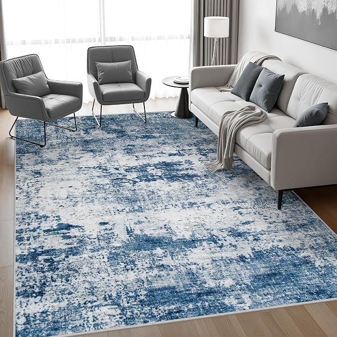 6x9 Area Rug Living Room Rug: Washable Modern Abstract Soft Thin Rug Indoor Floor No Slip Stain Resistant Carpet for Bedroom Dining Room Farmhouse Nursery Home Office - Blue