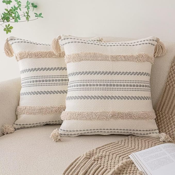 BUIOVBEY Boho Throw Pillow Covers Woven Tufted Pillow Cases with Tassels | Farmhouse Pillow Covers 18x18 Set of 2 Textured Striped Cushion Case Neutral Decorative Pillowcase for Sofa Couch Bed Khaki