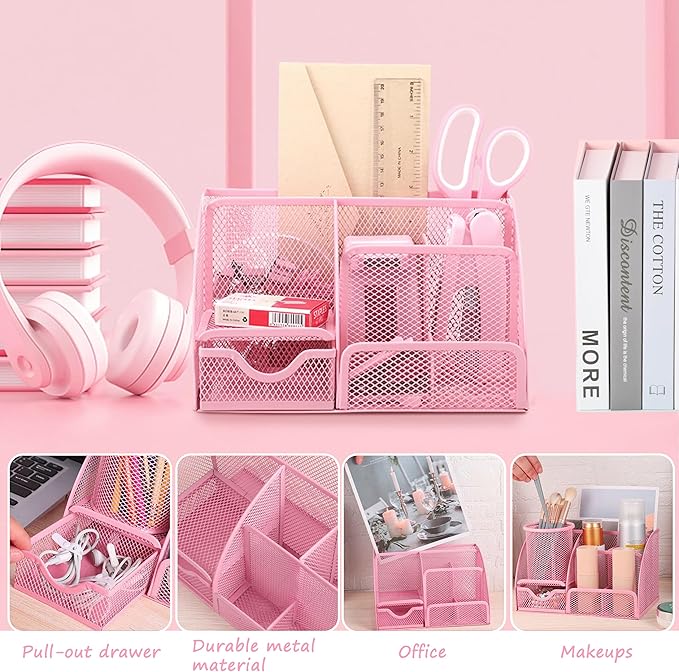 Pink Office Desk Accessories Supplies, 12pcs Desk Organizers and Accessories with Tape dispenser and Stapler,Staples,Staple Remover,Pen Holder,Scissor,Ruler,Sticky Tabs,Tape,Ballpoint Pen,Clips Set