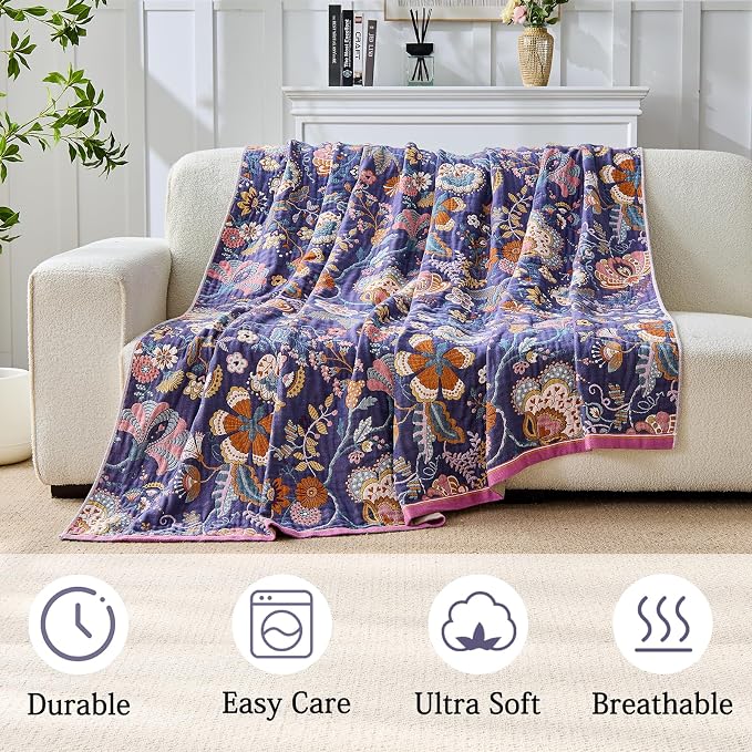 Boho Throw Blanket Farmhouse Decor Throw Blanket Bohemian Blanket for Bed 100% Cotton Muslin Woven Couch Blanket All Seasons Quilt Bedroom (H-Purple, 90"x98")