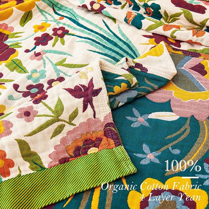 VANJOROY Boho Throw Blanket, 100% Organic Cotton Breathable Ultra Soft 91" x 108" King Bed Quilt Throw - All Season Floral Rustic Farmhouse Decor Luxury Blanket for Sofa Couch Chair and Gift