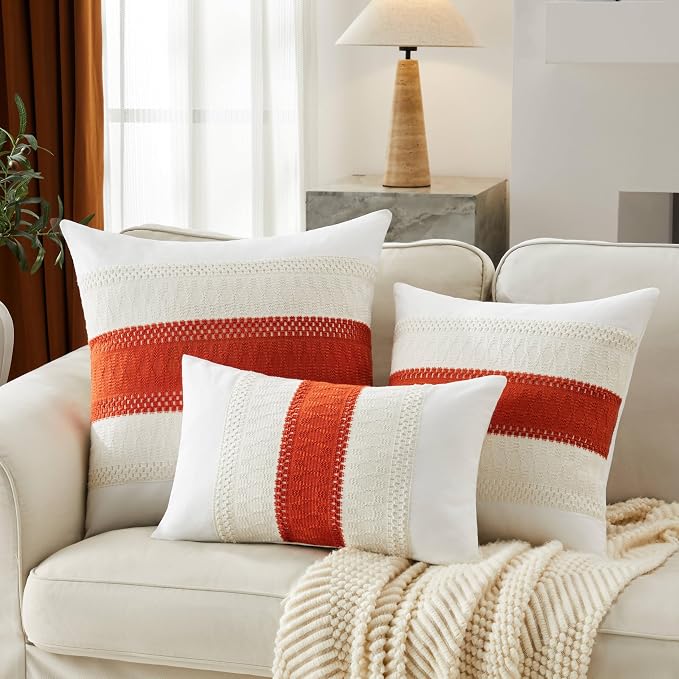 2pk Boho Pillow Covers 22x22, Natural White/Contrast/Orange | 100% Organic Cotton Body, Stripe Embroidery, Farmhouse Decorative Cushion Covers for Sofa Bed Living Room Home Decor