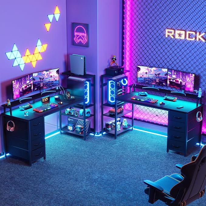 51 Inch Gaming Desk with Drawers & PC Tower Stand & LED Lights, Black | Reversible, Monitor Shelf, Power Outlets, Carbon Fiber, Mesa Gamer, Computer Desk with Storage, Gaming Table for Home Office