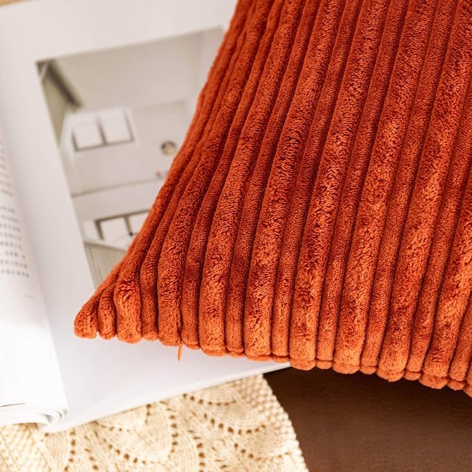 UGASA Fall Decor Super Soft Striped Corduroy Pillow Covers Large Throw Pillow Sham Cushion Cover Living Room, 2 Pcs, 16" x 16" (40cm), Burnt Brick