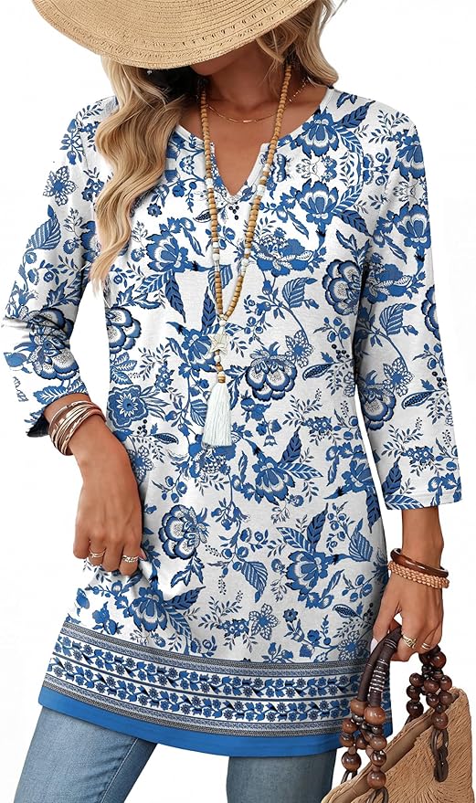 OFEEFAN Summer Boho Tops For Women 3/4 Length Sleeve Womens Tops Vacation Outfits