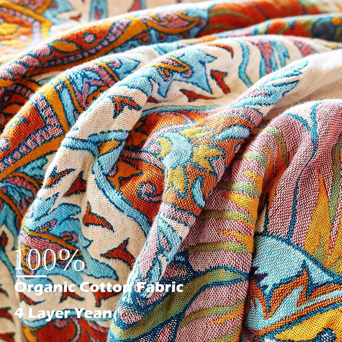 VANJOROY Boho Throw Blanket, 100% Organic Cotton Breathable Skin-Friendly Ultra Soft Bed Quilt Throw - All Season Floral Bird Farmhouse Décor Luxury Blanket for Sofa Couch Chair and Gift. 80" x 90"