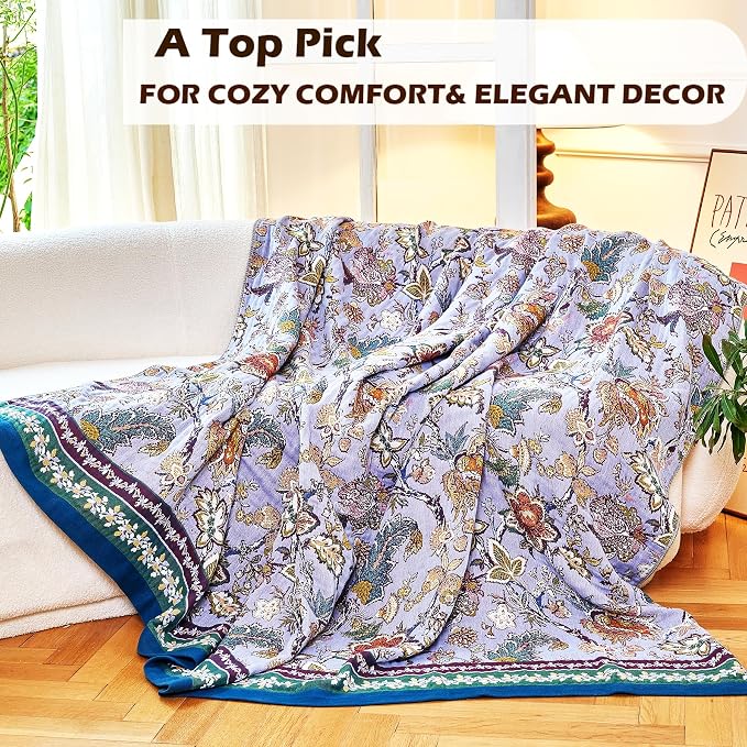 VANJOROY Boho Throw Blanket 80" x 90", 100% Organic Cotton Breathable Ultra Soft Bed Purple Quilt Throw - All Season Luxury Floral Farmhouse Decor Blanket for Sofa Couch Chair and Gift.