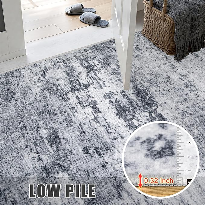 Round Area Rug for Living Room: 8 ft Washable Modern Abstract Soft Thin Rug Indoor Floor No Slip Stain Resistant Carpet for Bedroom Dining Room Farmhouse Nursery Home Office - Grey