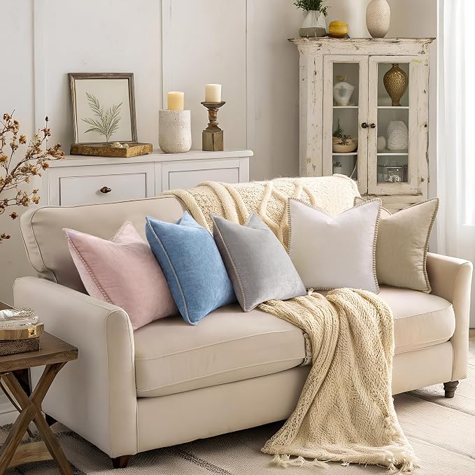 decorUhome Soft Chenille Throw Pillow Covers 18x18 Set of 2 Beige | Fall Textured Decorative Throw Pillow Cases Stitched Edge Modern Farmhouse Luxury Boho Velvet for Couch Sofa Bed Home Decor