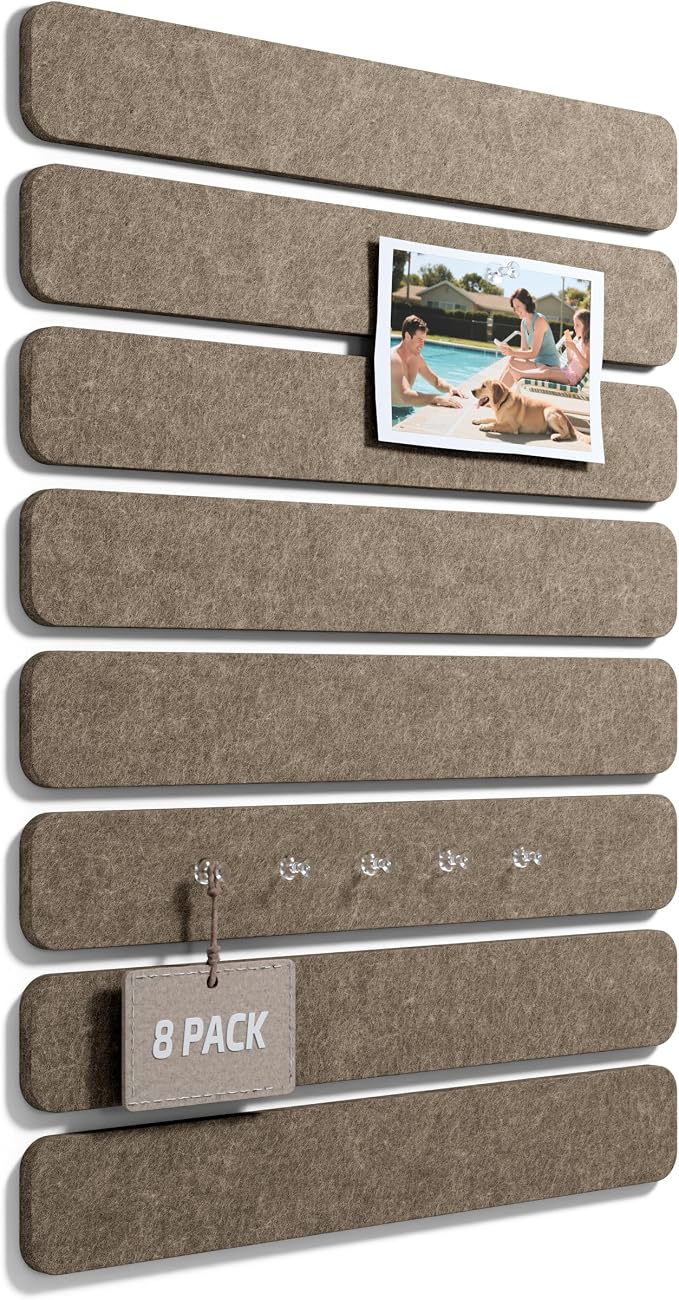 Fluxynara 13" x 2" Felt Wall Panels, Earth Brown | 8-Pack Includes 50 Push Pins and Adhesive Tabs for Photos, Notes and Decor in Bedroom Doors, Home Office or Studios
