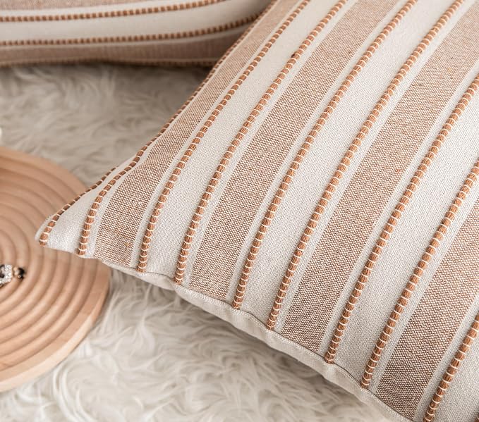 Cethom Decorative Boho Throw Pillow Covers, Farmhouse Textured Pillow Case, 22 x 22 Inch Set of 2, Chair Sofa Bedroom Living Room Home Decor Couch Cushion Case, Brown and Beige Striped