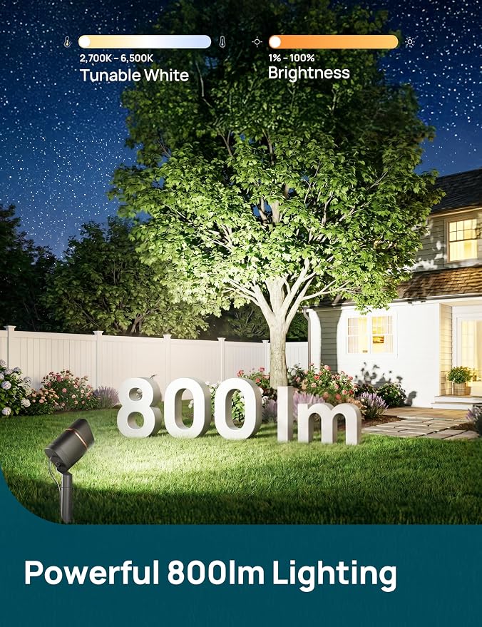 Linkind Smart Low Voltage Landscape Lighting, 800lm RGBW Dual-Zone Waterproof Outdoor Spotlights, AC/DC 12–24V, Outdoor Spot Lights for Yard, Garden, Tree, 2 Pack