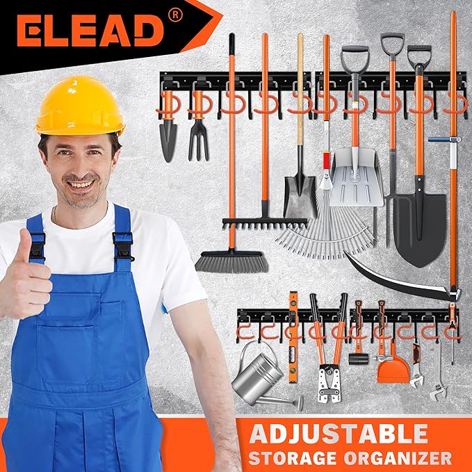 ELEAD 68'' All Metal Adjustable Garden Tool Organizer: Garage Tool Organizer Wall Mount with Orange Hooks, Garage Organizers and Storage, Tool Hangers for Shed