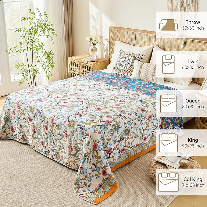 VANJOROY Boho Throw Blanket, 100% Organic Cotton Breathable Skin-Friendly Ultra Soft 50" x 60" Bed Quilt Throw - Floral Rustic Decor Luxury Reversible Blanket for Sofa Couch Chair and Gift,