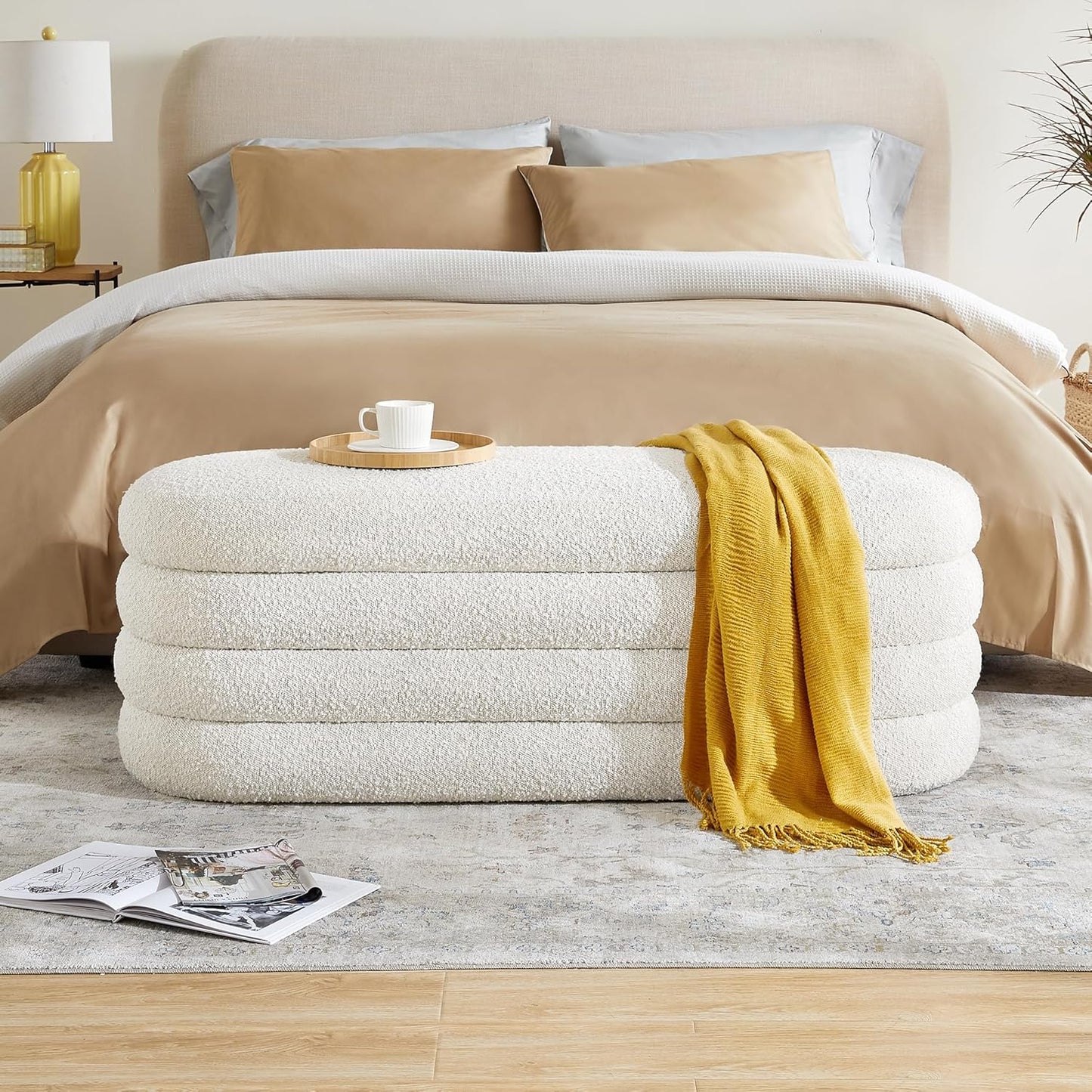 Storage Ottoman Bench 49.2 Inch Upholstered Fabric Storage Bench for Bedroom End of Bed Aesthetic Large Oval Ottoman for Living Room Entryway (Ivory)