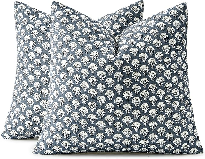 MIULEE Floral Print Decorative Pillow Covers 20x20, Dusty Blue | Vintage Boho Farmhouse Modern Home Decor, Set of 2, Block Print Cushion Covers for Couch Sofa Bed Living Room