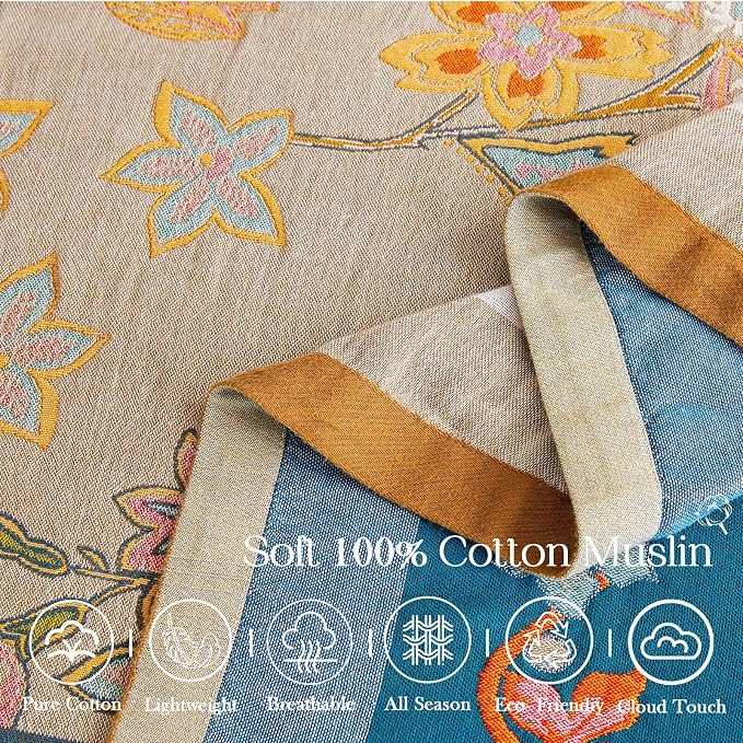 XIBLC Boho Blanket, 100% Cotton Farmhouse Decorative Throw Blanket, 80"x90" Reversible Bohemian Throw Blanket, Brown All Season Muslin Breathable Woven Blankets Quilt