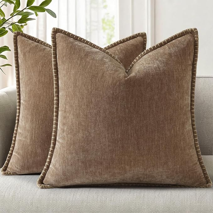 decorUhome Soft Chenille Throw Pillow Covers 18x18 Set of 2 Brown | Fall Textured Decorative Throw Pillow Cases Stitched Edge Modern Farmhouse Luxury Boho Velvet for Couch Sofa Bed Home Decor